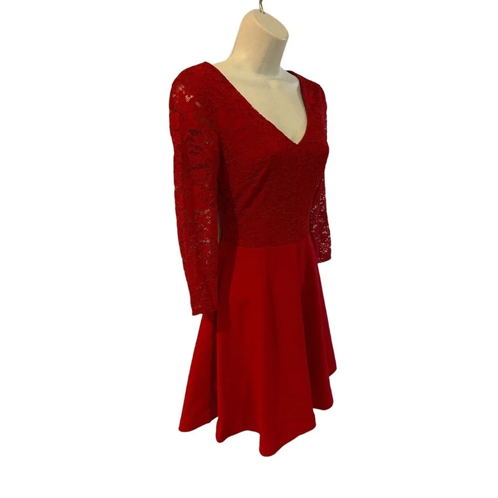 B. Darlin Lace Crepe Ruby Red Bow Back Skater Cocktail Party Bow Back Mini Dress - Picture 5 of 15